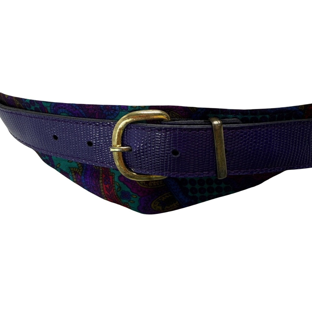 Vintage Purple Lizard Embossed Paisley Fabric Waist Belt Gold Tone Buckle Size 6